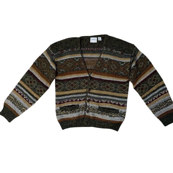 Vintage Prima Maglia Cardigan Mens LG Striped Grandpa Dad Wool Blend 90s Sweater - Picture 1 of 16